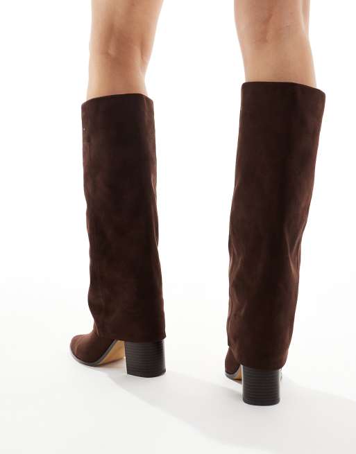London Rebel Wide Fit Elena fold over knee boots in chocolate