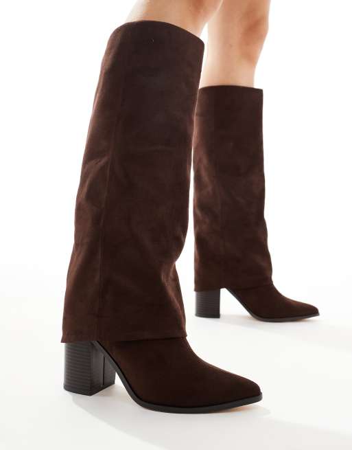 London Rebel Wide Fit Elena fold over knee boots in chocolate
