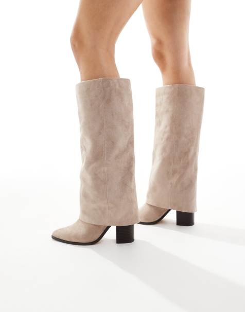 London Rebel Wide Fit – Elena – Kniehohe Stiefel in Taupe mit Umschlag, weite Passform - view 1