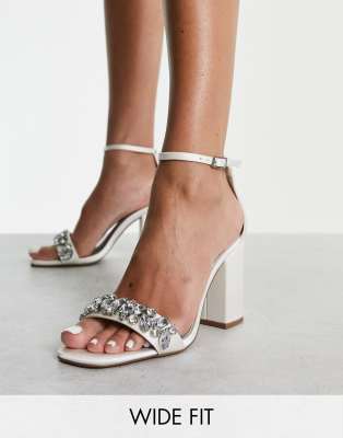 London Rebel Leather Wide Fit London Rebel Wide Fit embellished bridal block heel sandal in ivory-White