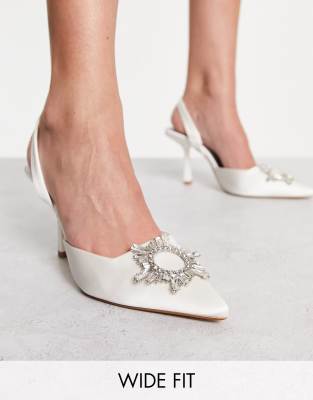 London Rebel Wide Fit Embellished Sling Back Bridal Heeled Shoes In Ivory Satin-white