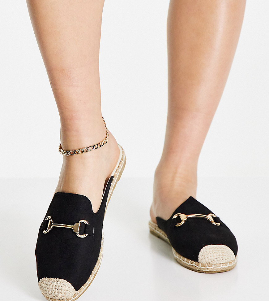 London Rebel wide fit espadrille mules with snaffle trim in black