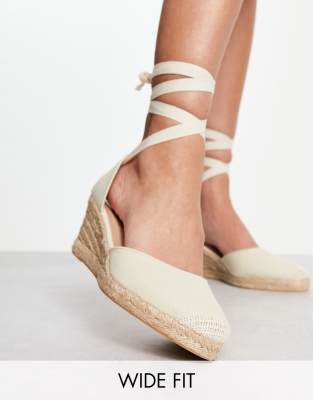 London Rebel Wide Fit Tie Up Espadrilles In Cream-white