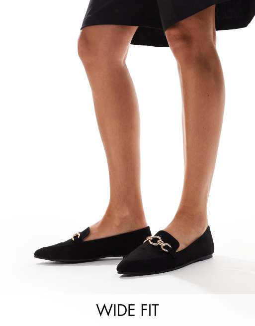 London Rebel Wide Fit – Felicity – Spitze, flache Schuhe in Schwarz mit weiter Passform 