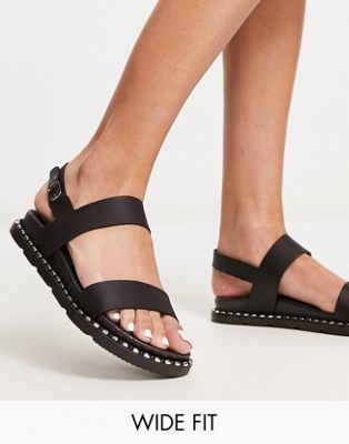 London Rebel Wide Fit flat sandals in black - ASOS Price Checker
