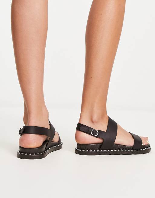 London Rebel Wide Fit flat sandals in black | ASOS