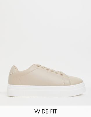 London Rebel wide fit flatform lace up sneaker in beige-Neutral