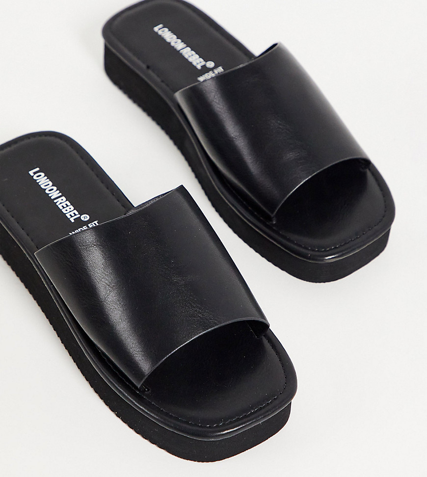 London Rebel wide fit flatform nineties sandals with square toe in black