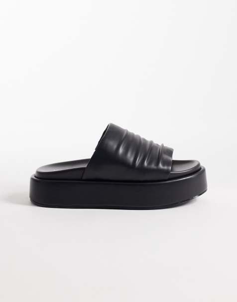 London Rebel Wide Fit flatform sliders in black - view 1