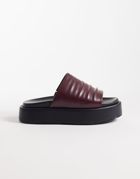 London Rebel Wide Fit flatform slides in burgundy - view 1