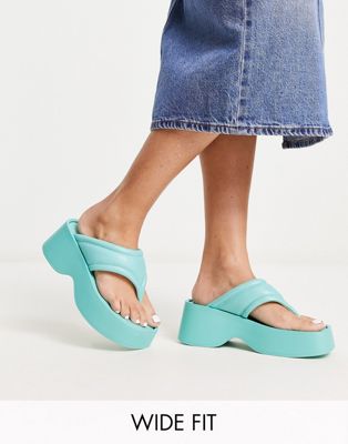 London Rebel Wide Fit Flatform Toe Thong Sandals In Blue