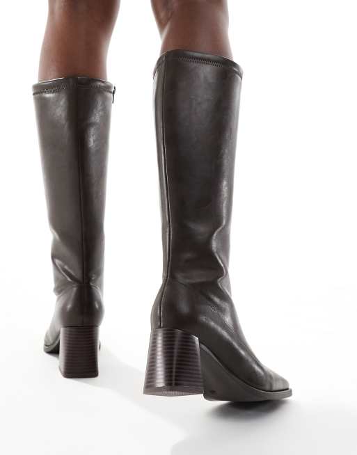 London Rebel Wide Fit Isla block heeled knee boots in chocolate