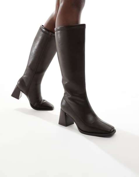 London Rebel Wide Fit – Isla – Chokladbruna, knähöga stövlar med blockklackar - view 1