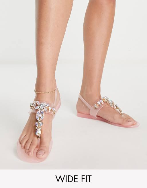 London Rebel wide fit jelly sandal with embellishment in beige ASOS