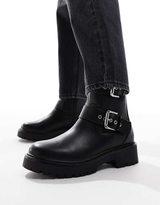 London Rebel Wide Fit – Keely – Czarne botki do kostki typu biker z zapięciami na klamrę 