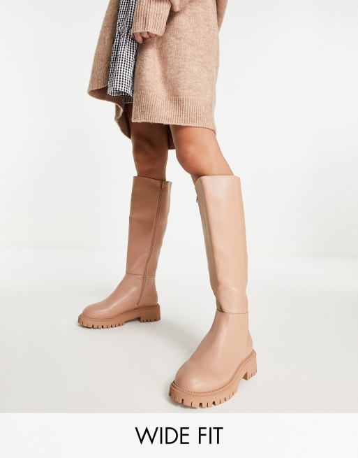London Rebel Wide Fit – Kniehohe Stiefel zum Hineinschlüpfen in Beige-Drench mit dicker Sohle