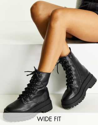 London Rebel Leather Wide Fit London Rebel wide fit lace up chunky boots in black