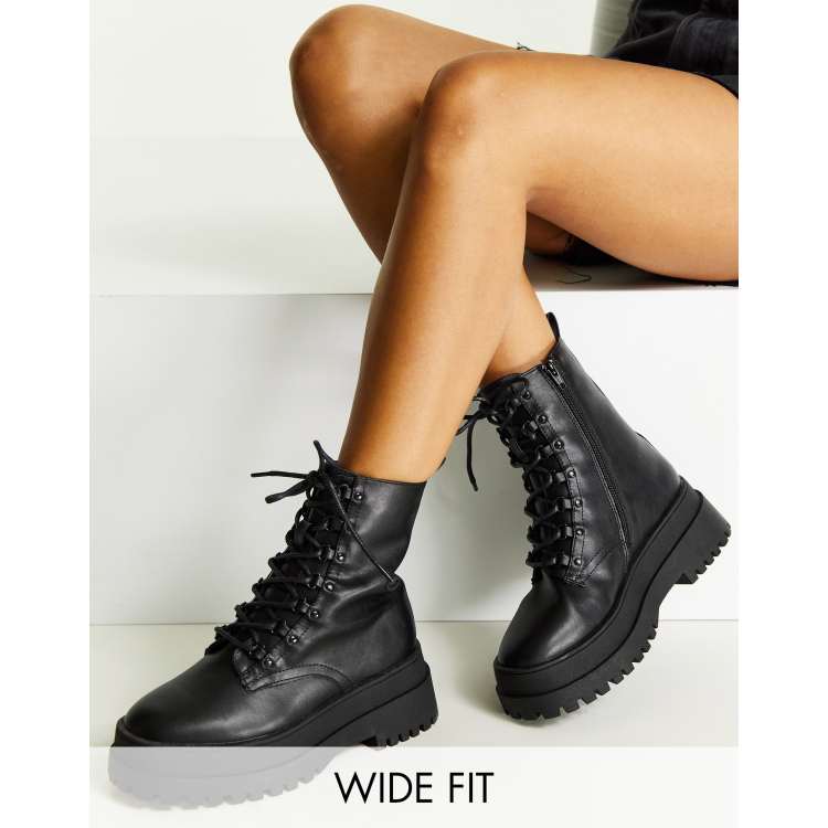 London Rebel wide fit lace up chunky boots in black