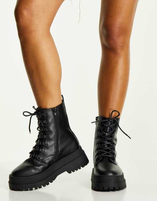 Stradivarius Wide Fit lace up flat ankle boot in black