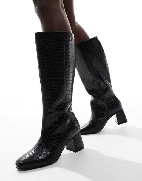 London Rebel Wide Fit - Lara - Bottes hauteur genou à talons carrés mi-hauts - Noir croco - view 1