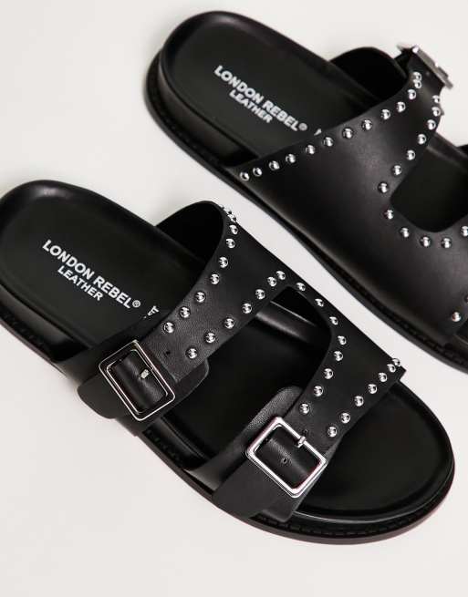 London Rebel Wide Fit leather studded buckle sliders in black ASOS