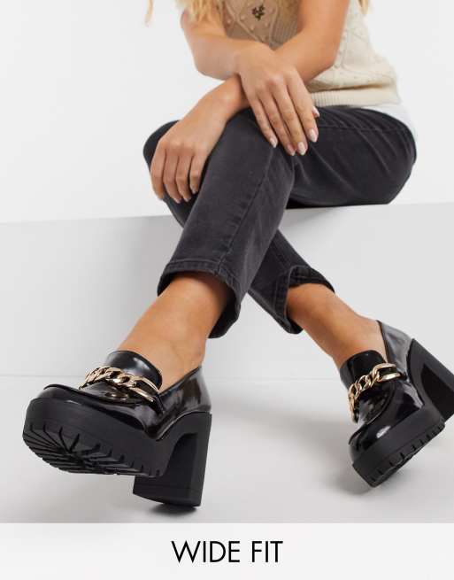 London Rebel - Wide Fit - Loafers med hæl i sort med dobbelt kæde