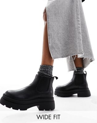 London Rebel Leather Wide Fit Chunky Chelsea Boot In Black Croc