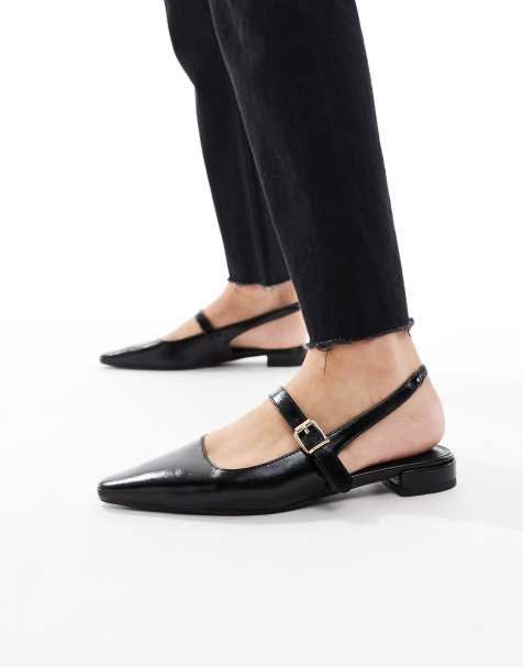 London Rebel Wide Fit Luna sling back pointed toe flats in black - view 1