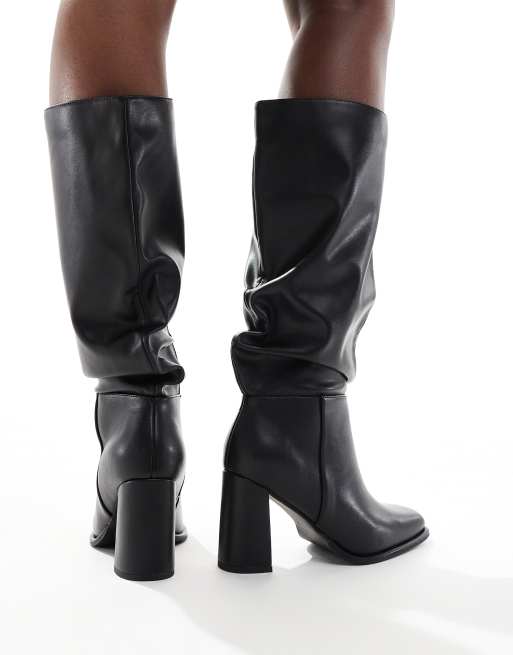 London Rebel Wide Fit Maggie slouchy block heel boots in black