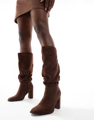 London Rebel Wide Fit Maggie Slouchy Block Heel Boots In Brown