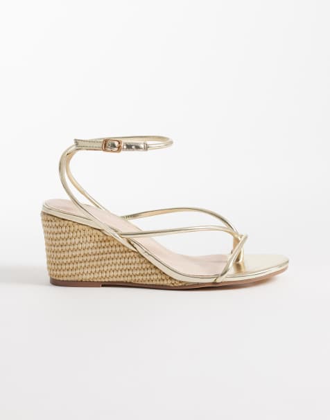 London Rebel Wide Fit Mary Wedge heeled strappy sandal in gold - view 1