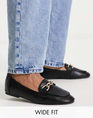 London Rebel Wide Fit Metal Trim Loafers With Tassle In Black