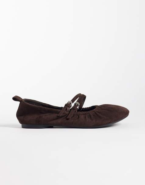 London Rebel Wide Fit – Mia – Chokladbruna, rynkade ballerinaskor i mockaimitation med remmar - view 1