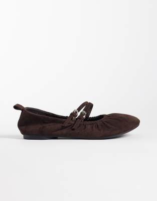 London Rebel Wide Fit Mia Faux Suede Strappy Ruched Ballet Flats In Brown