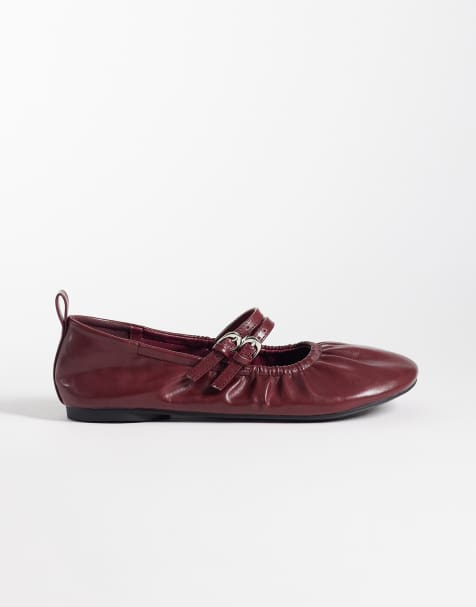 London Rebel Wide Fit – Mia – Vinröda ballerinaskor med remmar och rysch - view 1