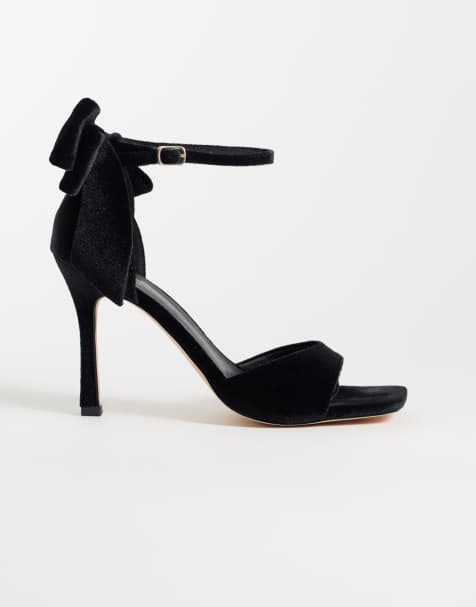 London Rebel Wide Fit Mila bow detail high heeled sandals in black velvet - view 1