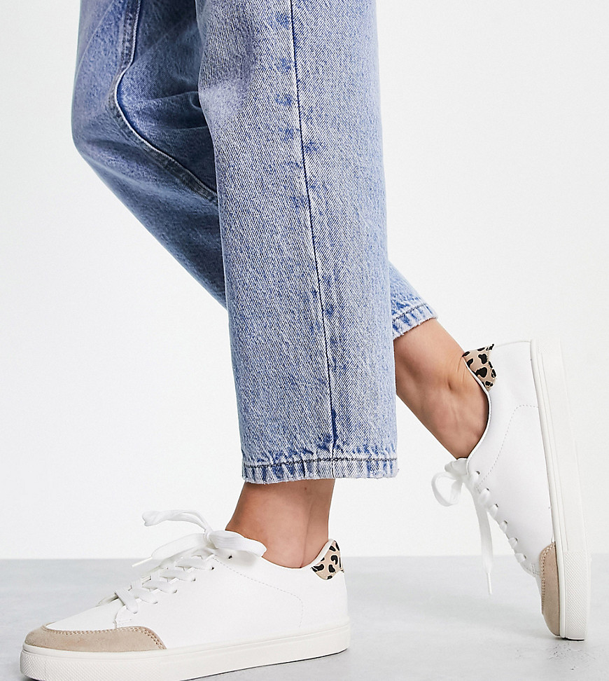 London Rebel wide fit minimal lace up sneakers in white with leopard