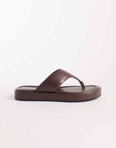 London Rebel Wide Fit Mira flatform flip flop sandals in brown - view 1