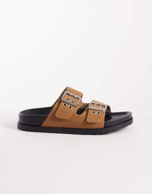  Morgan double buckle flat sandals in tan