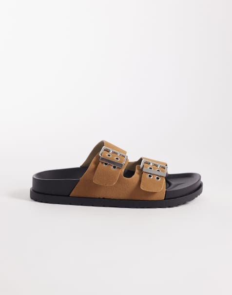 London Rebel Wide Fit – Morgan – Ljusbruna, platta sandaler med dubbla spännen - view 1