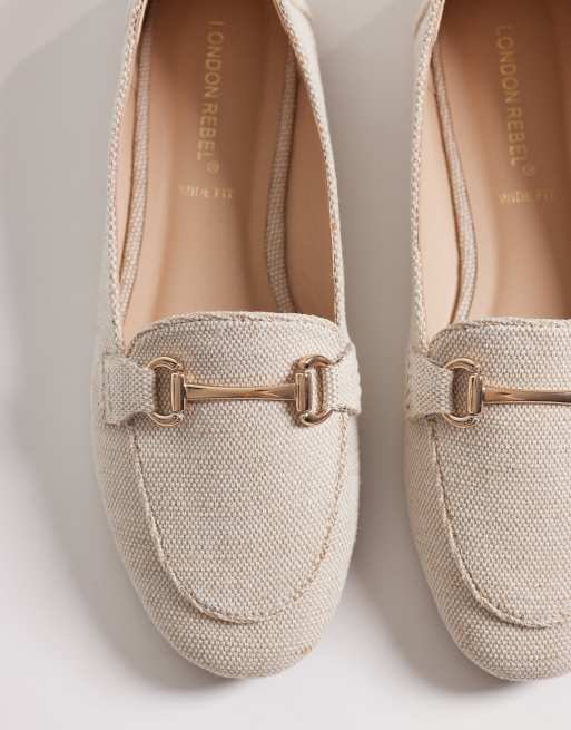 London Rebel Wide Fit Nori snaffle detailing loafers in natural | ASOS