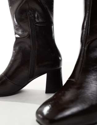London Rebel Wide Fit Nova Block Heel Knee Boots In Brown