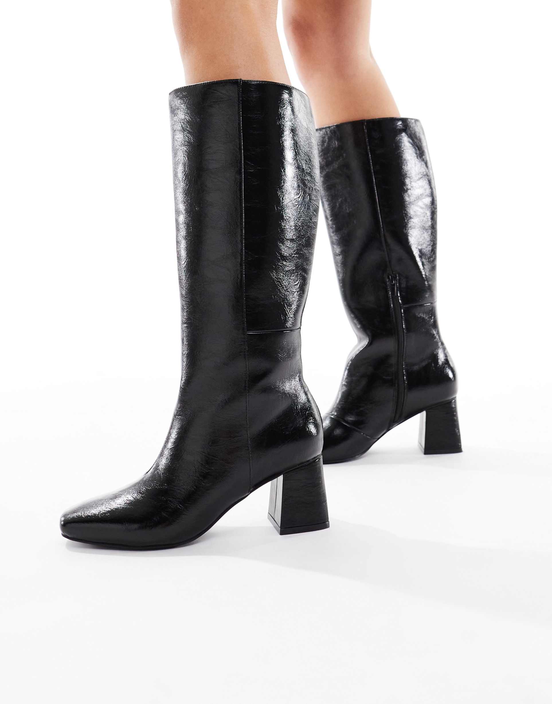 london rebel wide fit nova block heeled knee boots in black