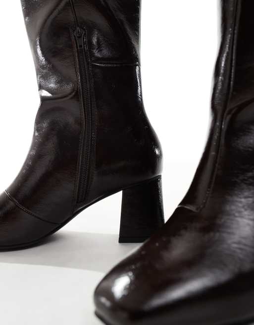 London Rebel Wide Fit Nova block heeled knee boots in chocolate, 2 of 4