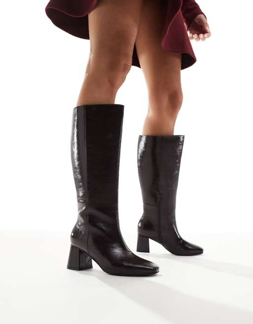 London Rebel Wide Fit Nova block heeled knee boots in chocolate, 4 of 4