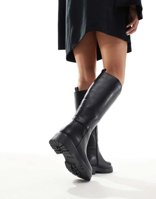 London Rebel Wide Fit Olivia chunky knee boots in black