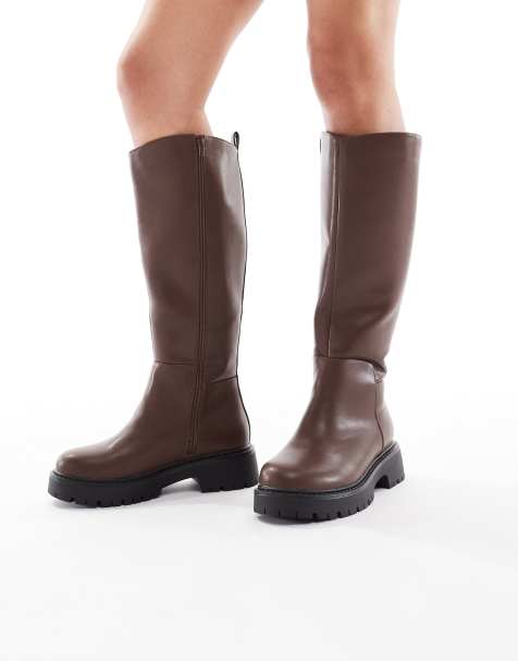 London Rebel Wide Fit Olivia chunky knee boots in brown - view 1