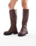 [London Rebel Wide Fit] London Rebel Wide Fit Olivia chunky knee boots in brown 37 Brown pu
