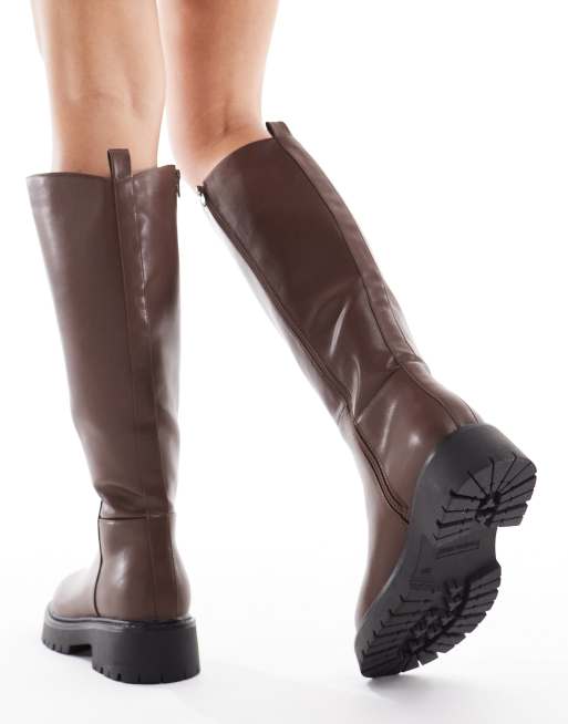 London Rebel Wide Fit Olivia chunky knee boots in brown