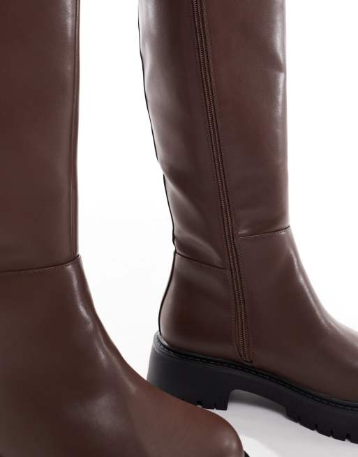 London Rebel Wide Fit Olivia chunky knee boots in brown